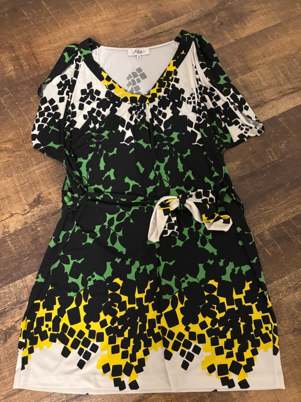 Tibi Black White Green Yellow Floral Print Mini Dress